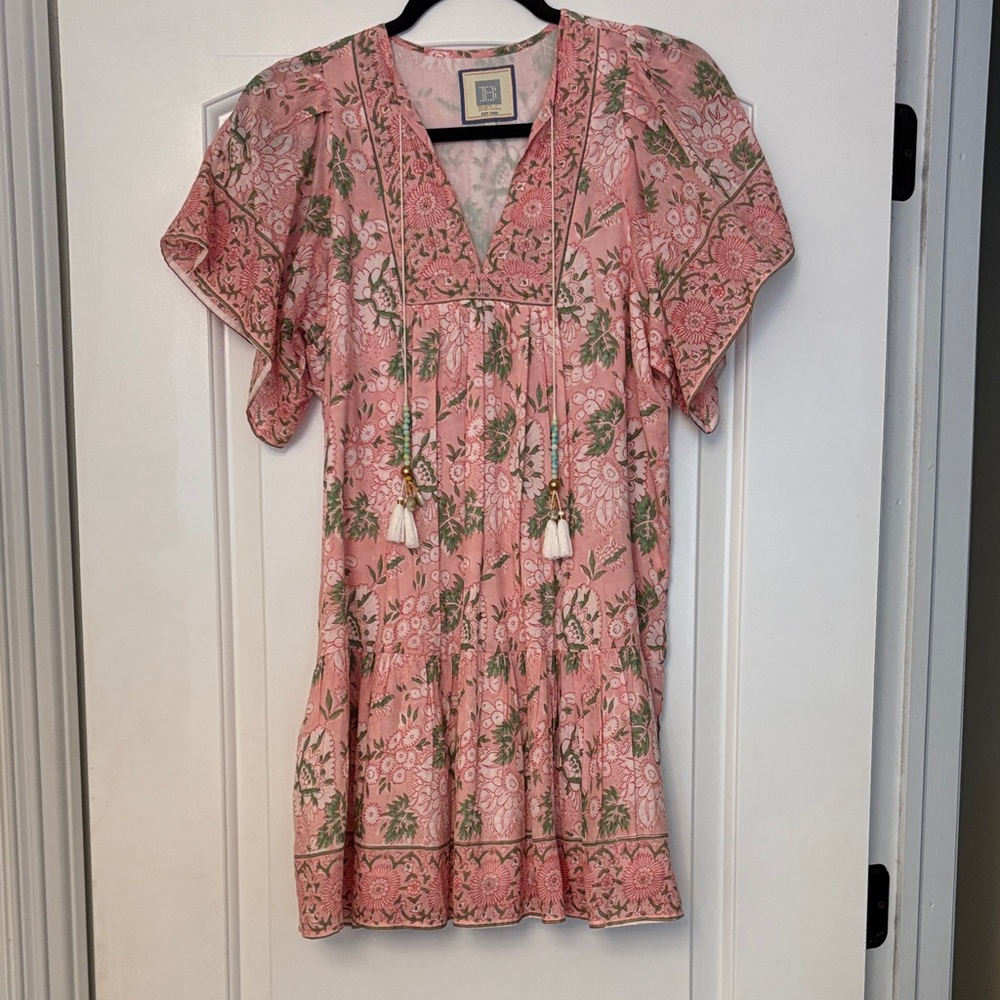Pink Floral Tassel V-Neck Mini Dress with Green Leaf Accents